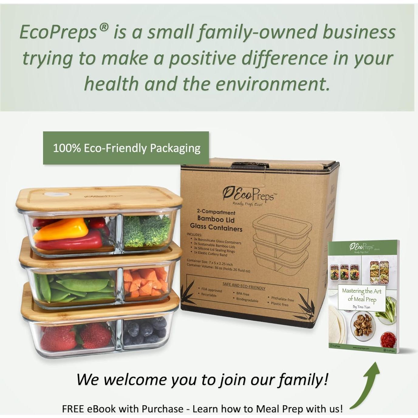 Contenedores de Vidrio EcoPreps 2 Compartimentos 1040ml - Juego de 3