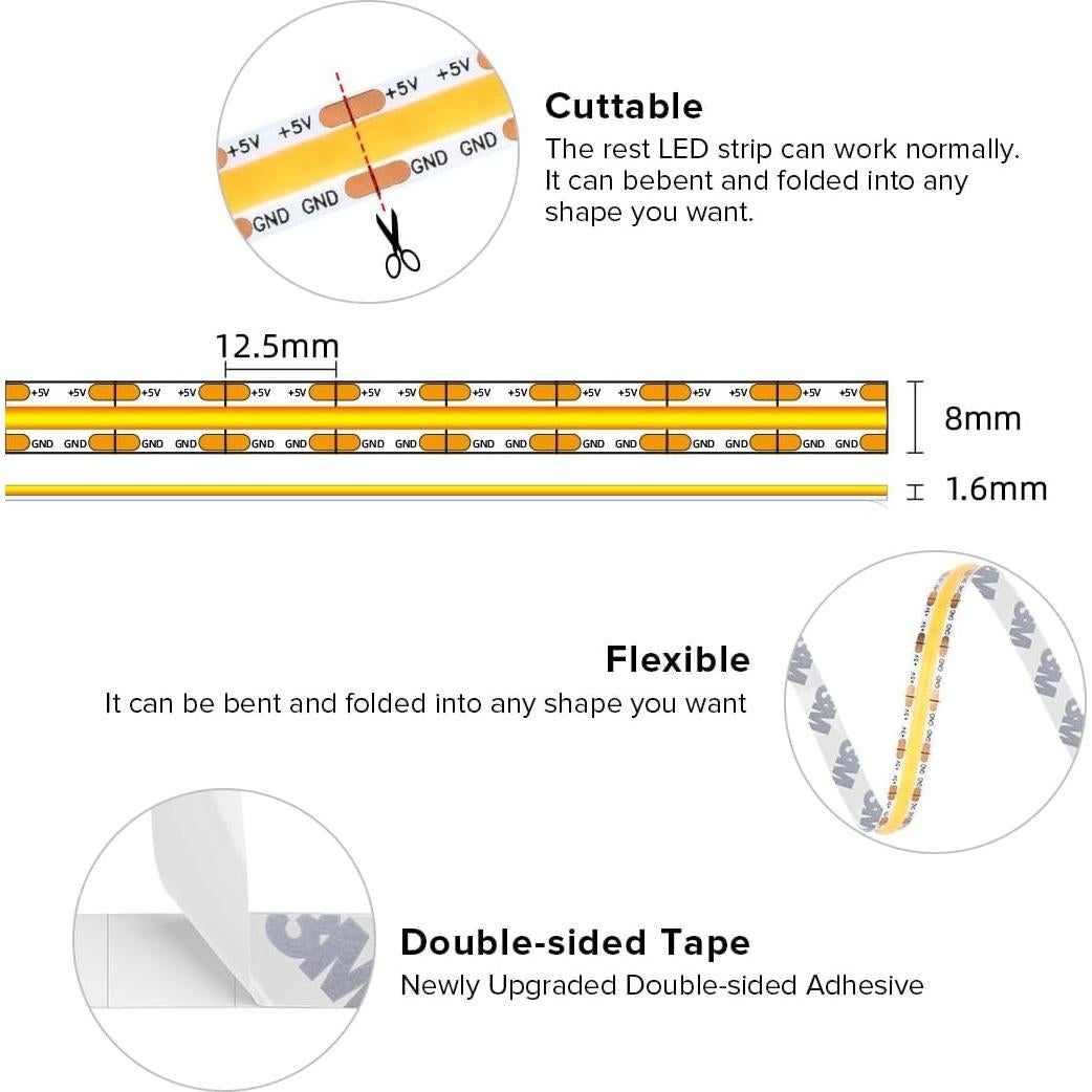 Tira LED FCOB BTF-LIGHTING 1m USB 320 LEDs Blanco Cálido 2700K