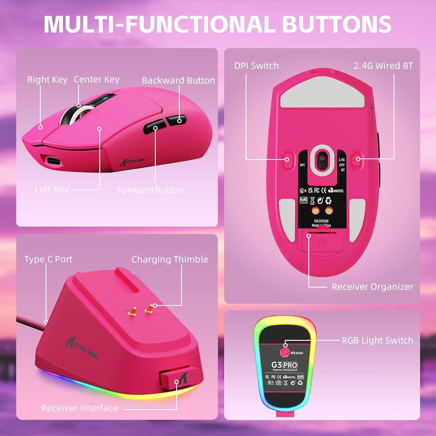 RATÓN GAMING INALÁMBRICO ATTACK SHARK G3 PRO RGB 25K DPI