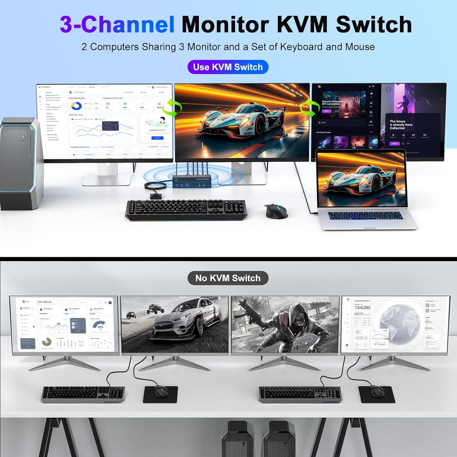 Conmutador KVM 4K TAILAIERA 3 Monitores 2 Computadoras USB 3.0