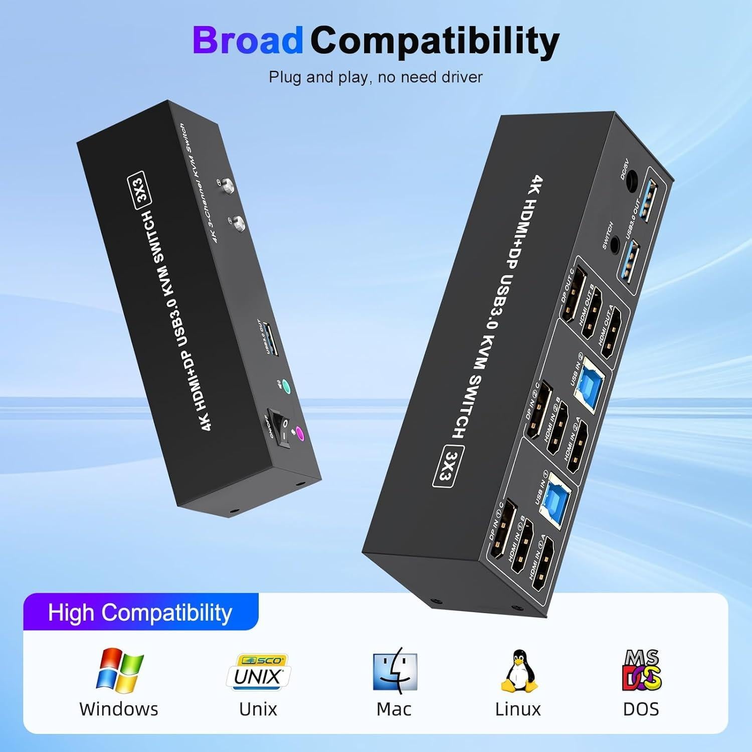 Conmutador KVM 4K TAILAIERA 3 Monitores 2 Computadoras USB 3.0