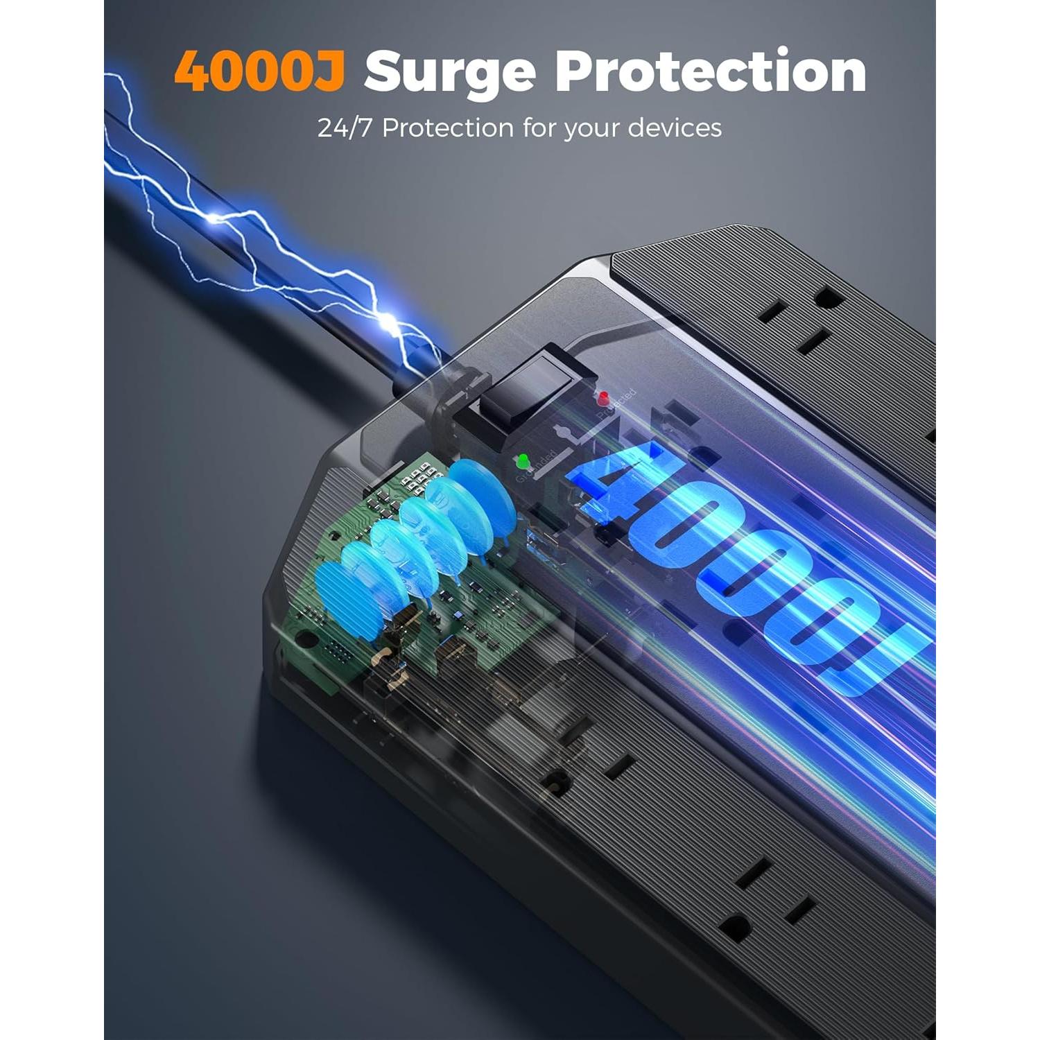 Regleta de Sobretensión 4000J TESSAN 22 Salidas 4 USB Negro