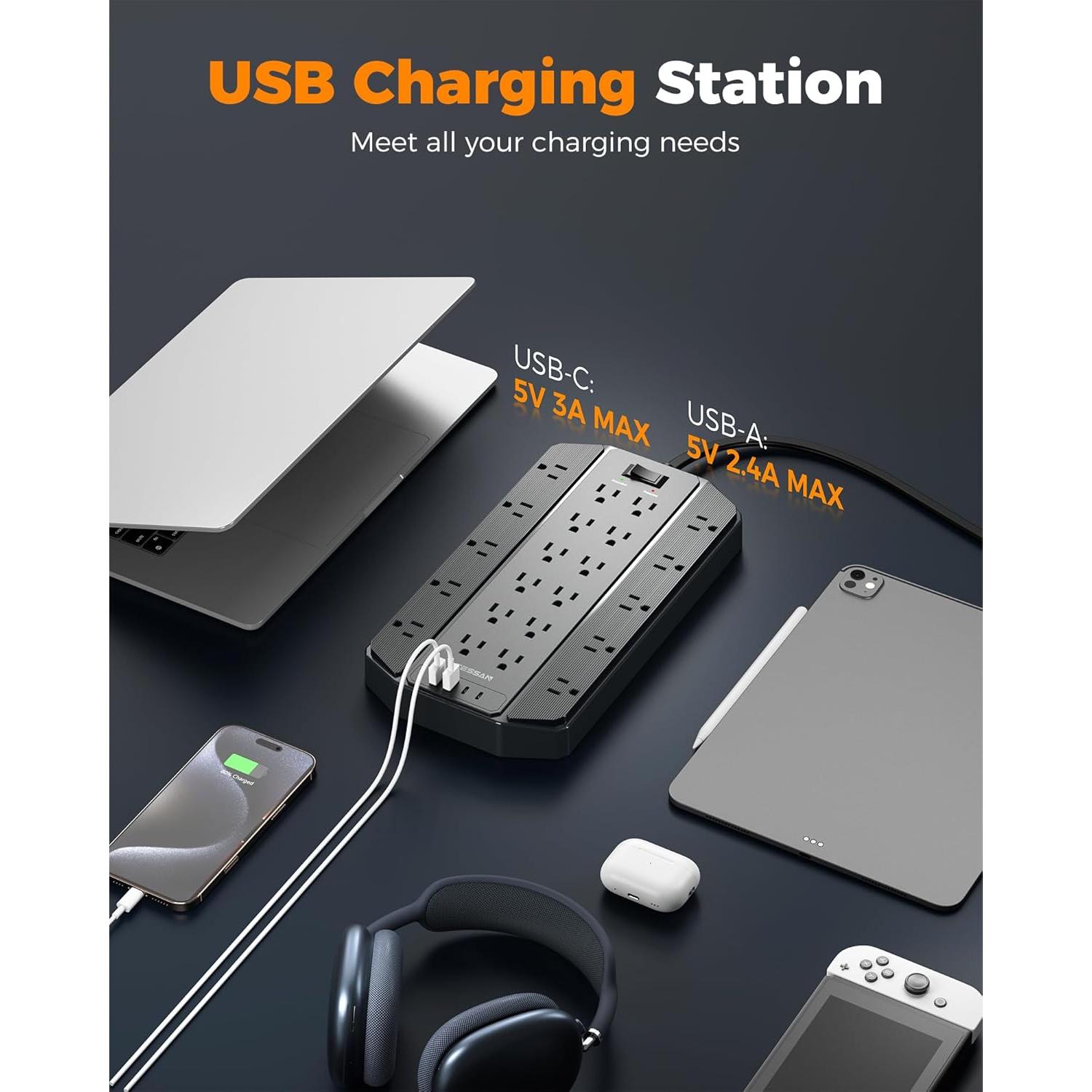 Regleta de Sobretensión 4000J TESSAN 22 Salidas 4 USB Negro