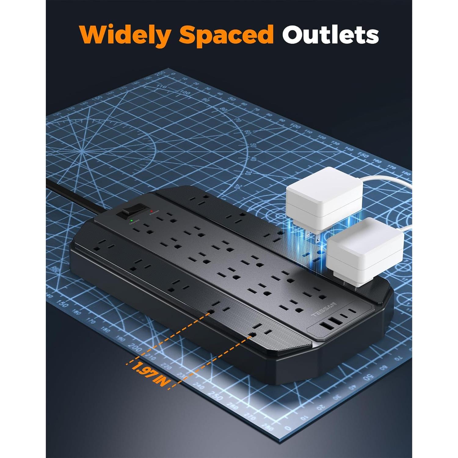 Regleta de Sobretensión 4000J TESSAN 22 Salidas 4 USB Negro