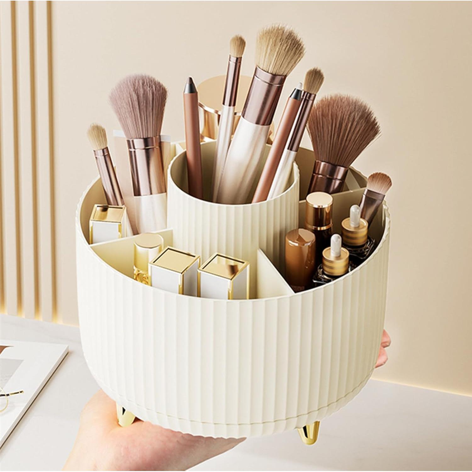 Organizador de Brochas de Maquillaje YZEASYPINK 360° 5 Compartimentos Crema