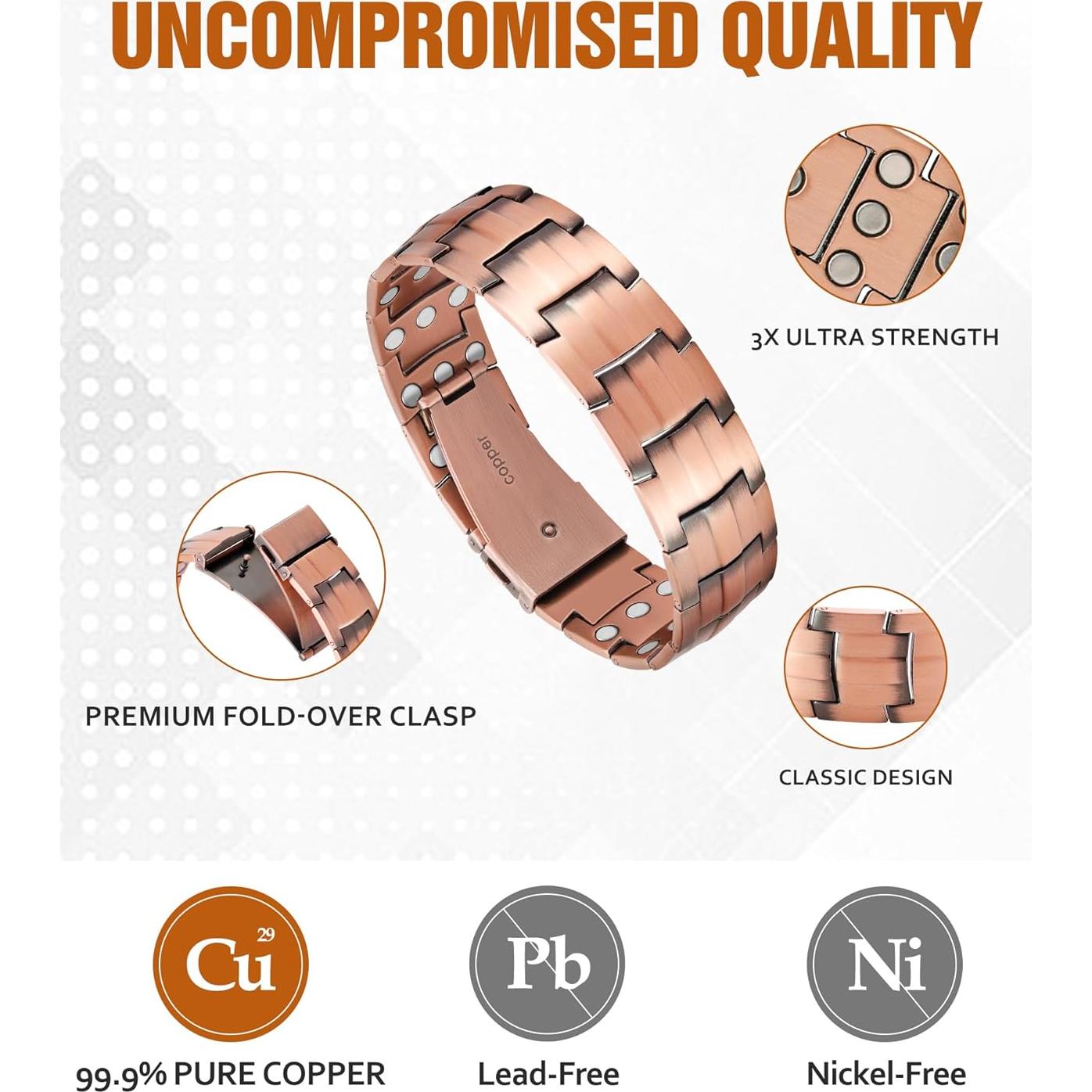 Pulsera Magnética de Cobre Jecanori para Hombres 22.5 cm