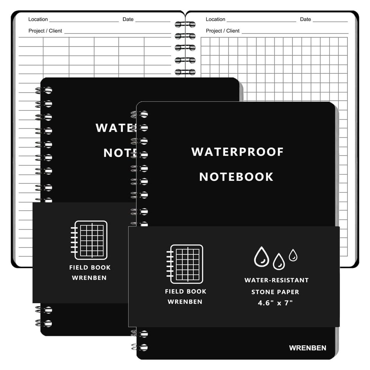 Cuadernos Espirales Impermeables WRENBEN A6 Negro - 2 Pack