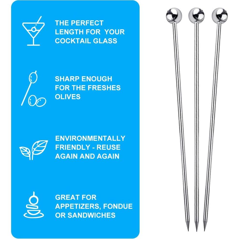 15 Palillos de Cóctel Reutilizables FATLODA de Acero Inoxidable 10.9 cm