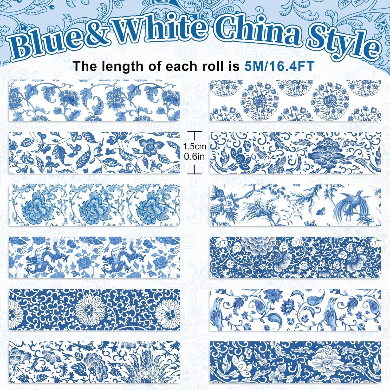 Cinta Washi Floral Azul Whaline - 12 Rollos 1.5cm x 5m