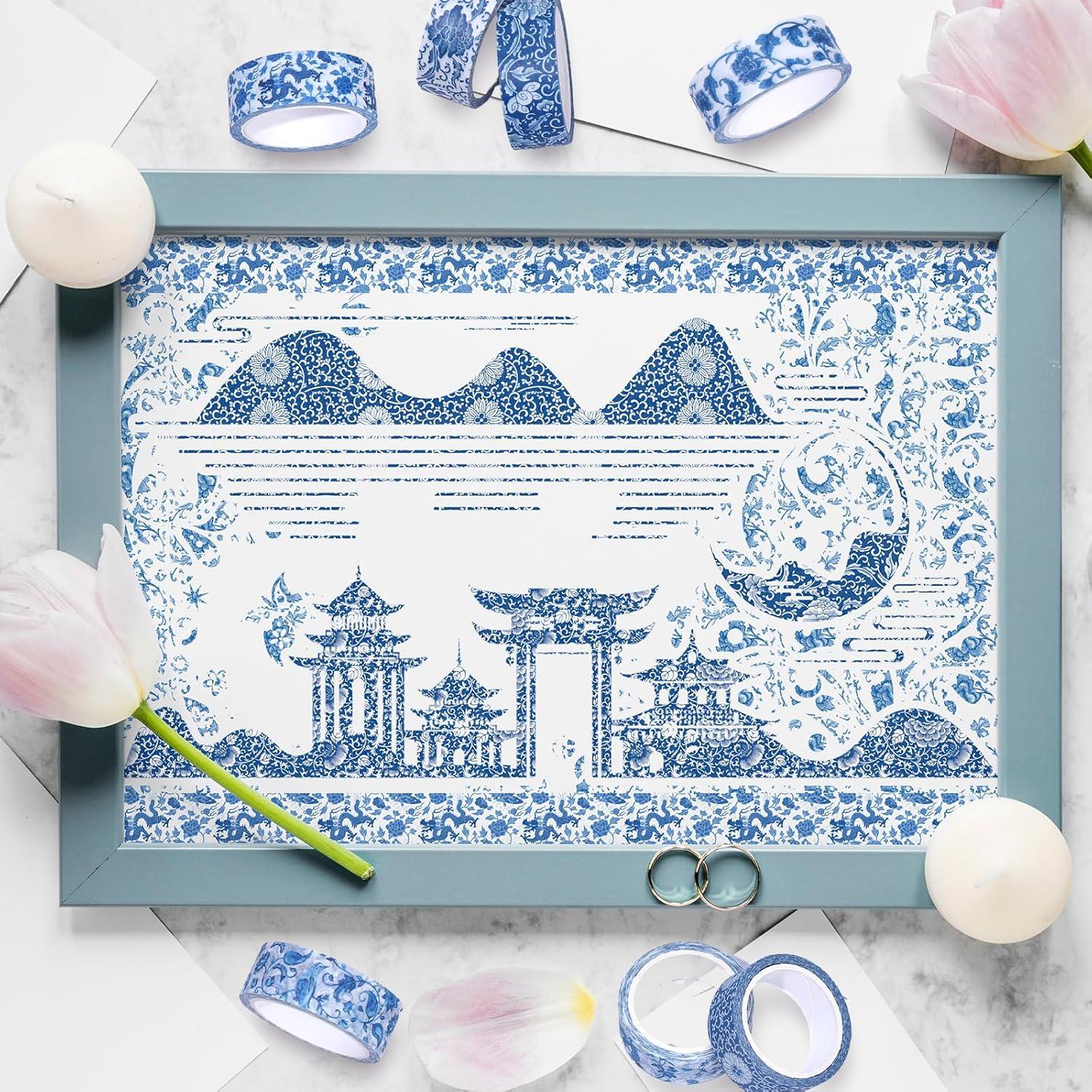 Cinta Washi Floral Azul Whaline - 12 Rollos 1.5cm x 5m