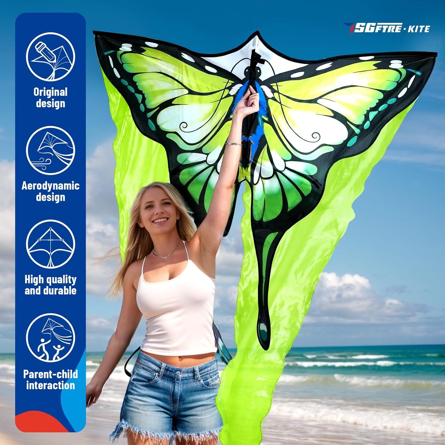 Cometa Mariposa de Tul Verde SGftre 139.7x289.6 cm Fácil de Volar