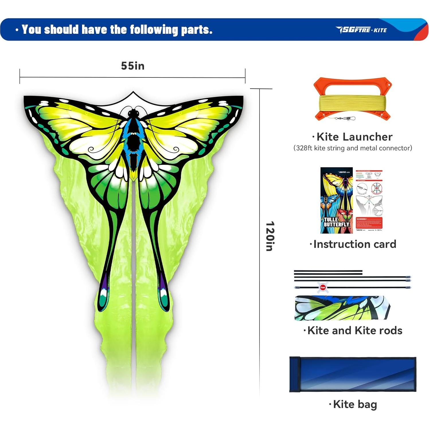 Cometa Mariposa de Tul Verde SGftre 139.7x289.6 cm Fácil de Volar