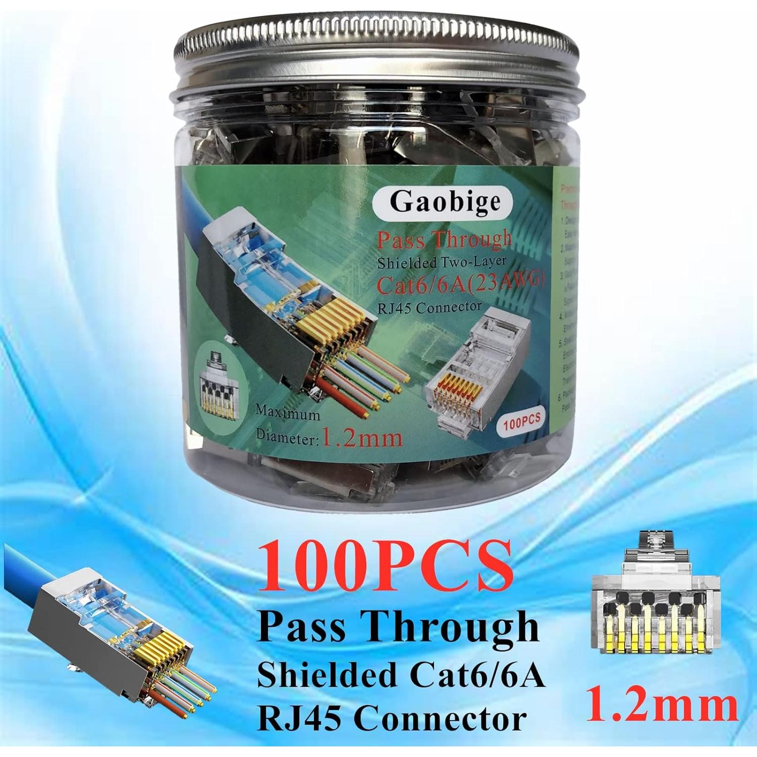 Paquete de 100 Conectores RJ45 Passthrough Blindados Cat6 1.2mm