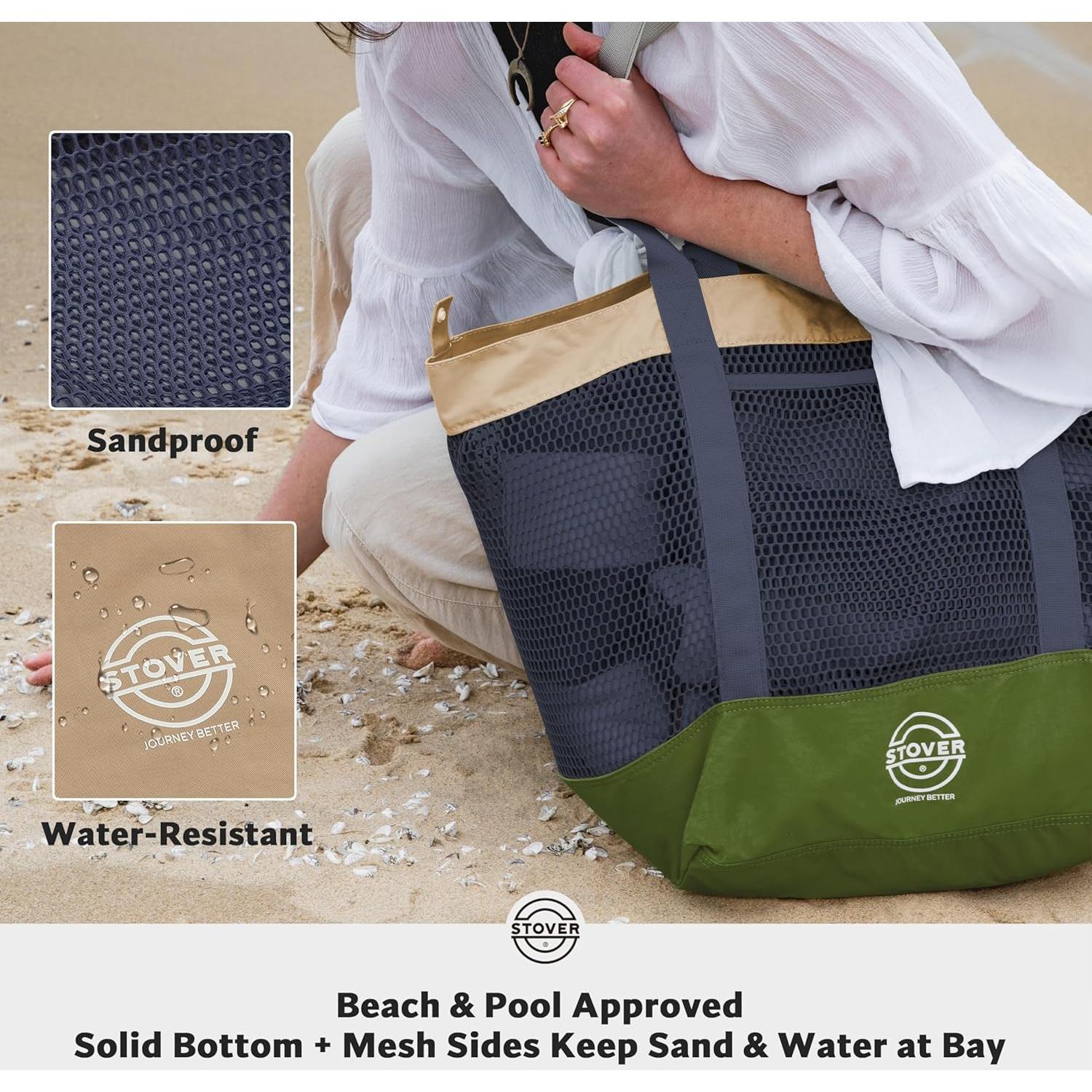 Bolsa de Playa Grande STOVER Verde Militar Plegable con Bolsillos