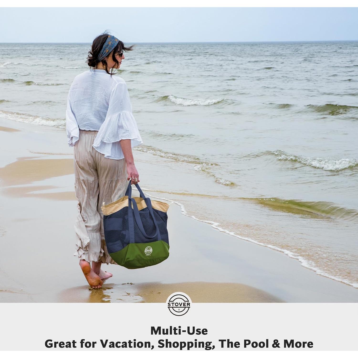 Bolsa de Playa Grande STOVER Verde Militar Plegable con Bolsillos