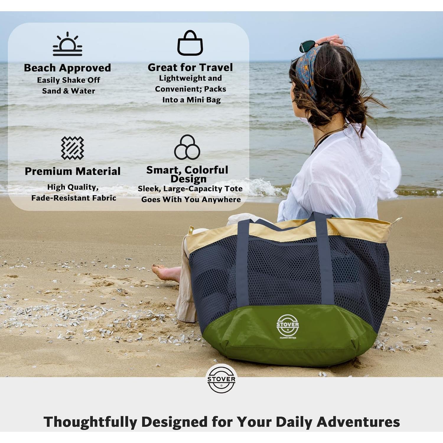 Bolsa de Playa Grande STOVER Verde Militar Plegable con Bolsillos