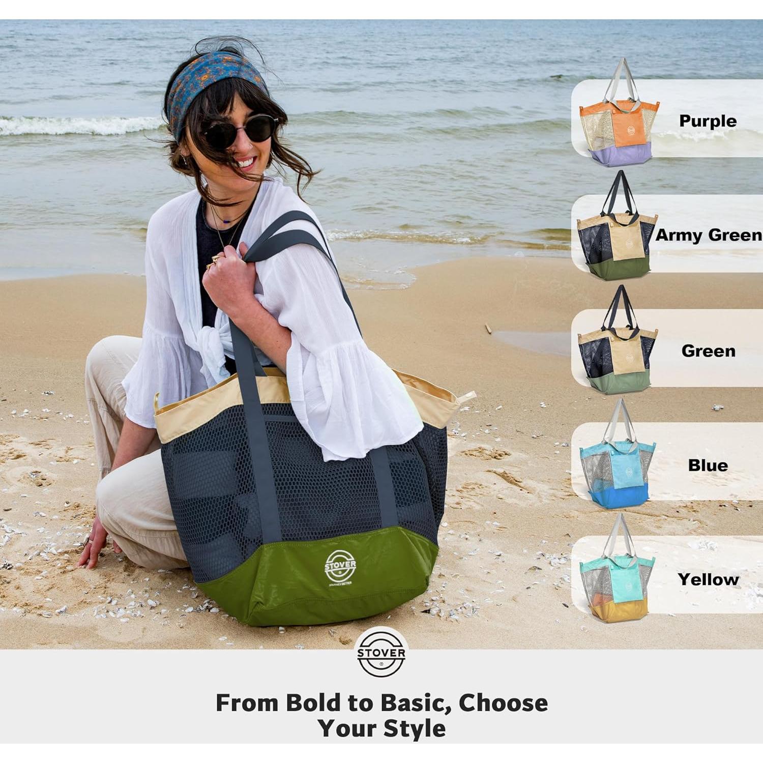 Bolsa de Playa Grande STOVER Verde Militar Plegable con Bolsillos
