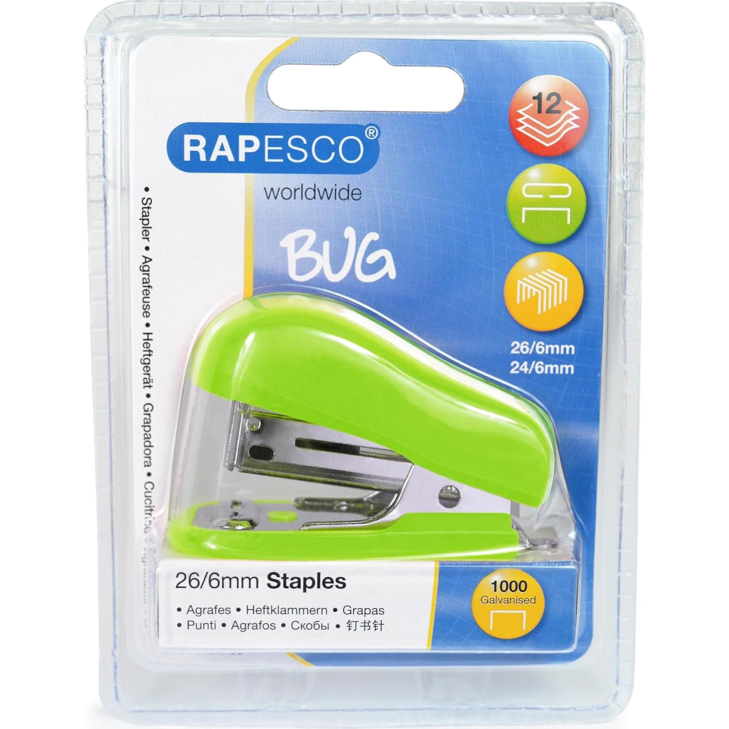 Grapadora Mini Bicho Rapesco Verde 12 Hojas con 1000 Grapas