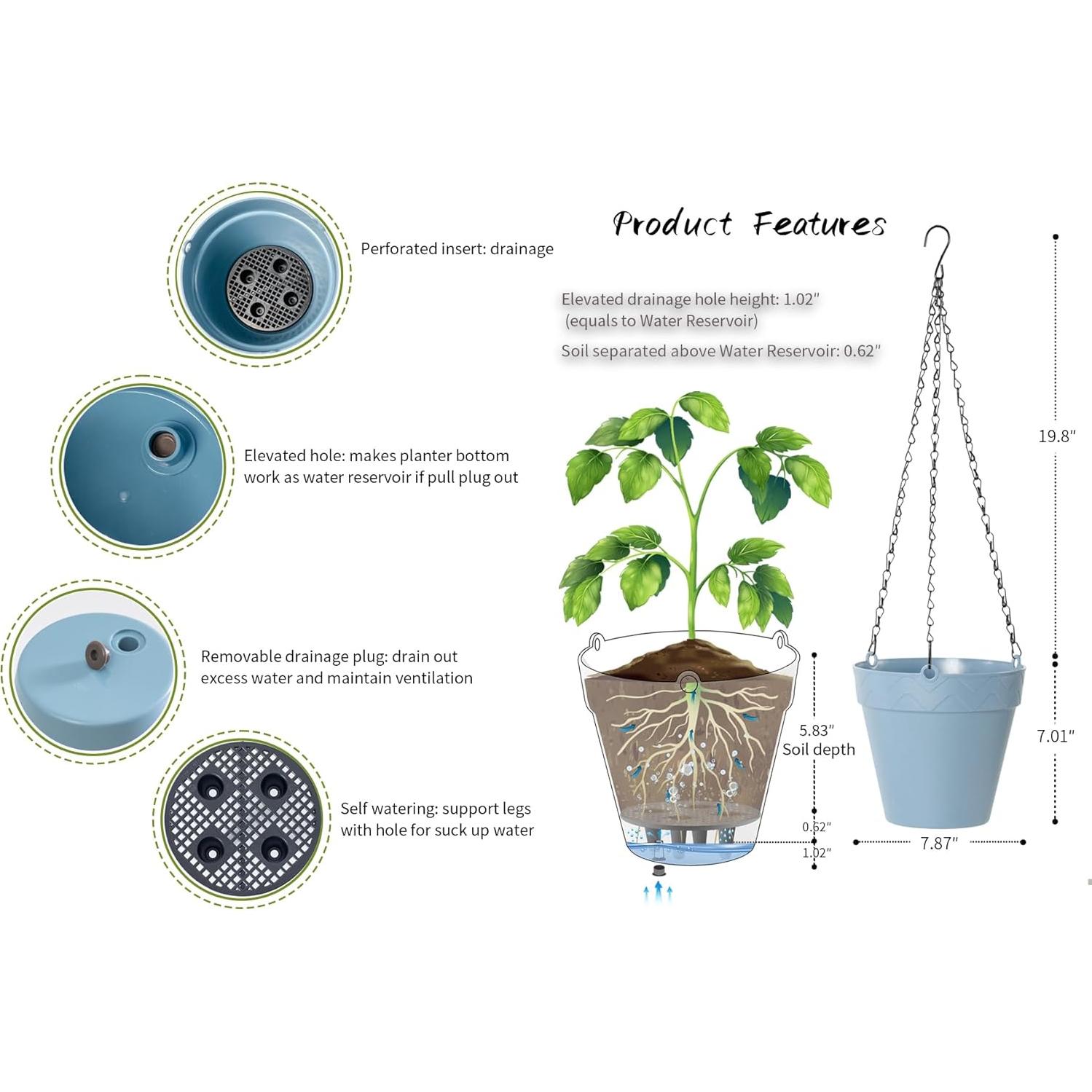 Maceta Colgante Melphoe Azul 20 cm Autorriego y Drenaje