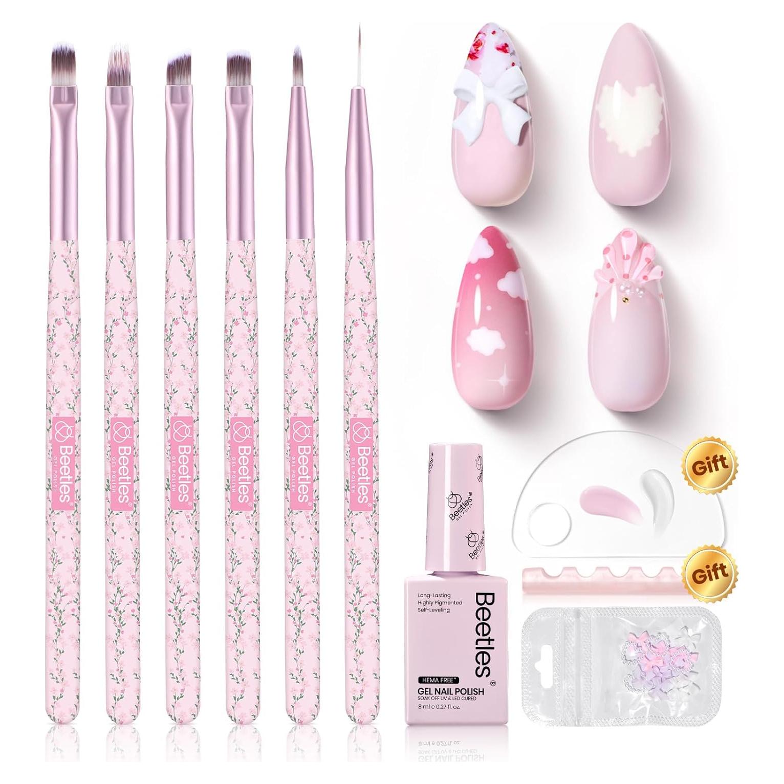 Juego de Pinceles para Uñas Beetles con Gel Rosa 8ml - 6 Pcs