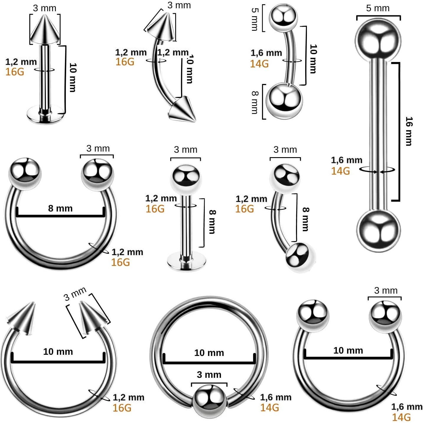 Kit de Piercing Corporal BodyJ4You 36PC - Acero Quirúrgico 14G 16G