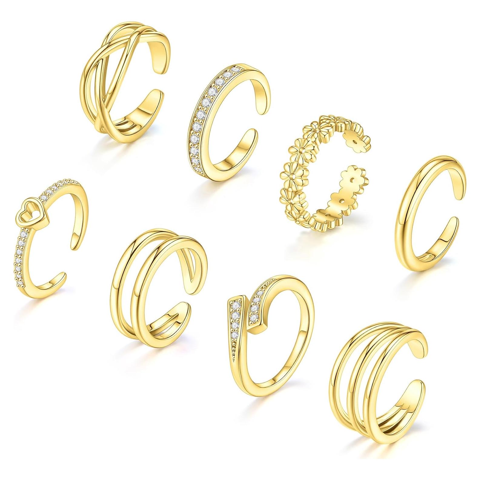Conjunto 8 Anillos para Dedos de los Pies Oro 14K Ajustables