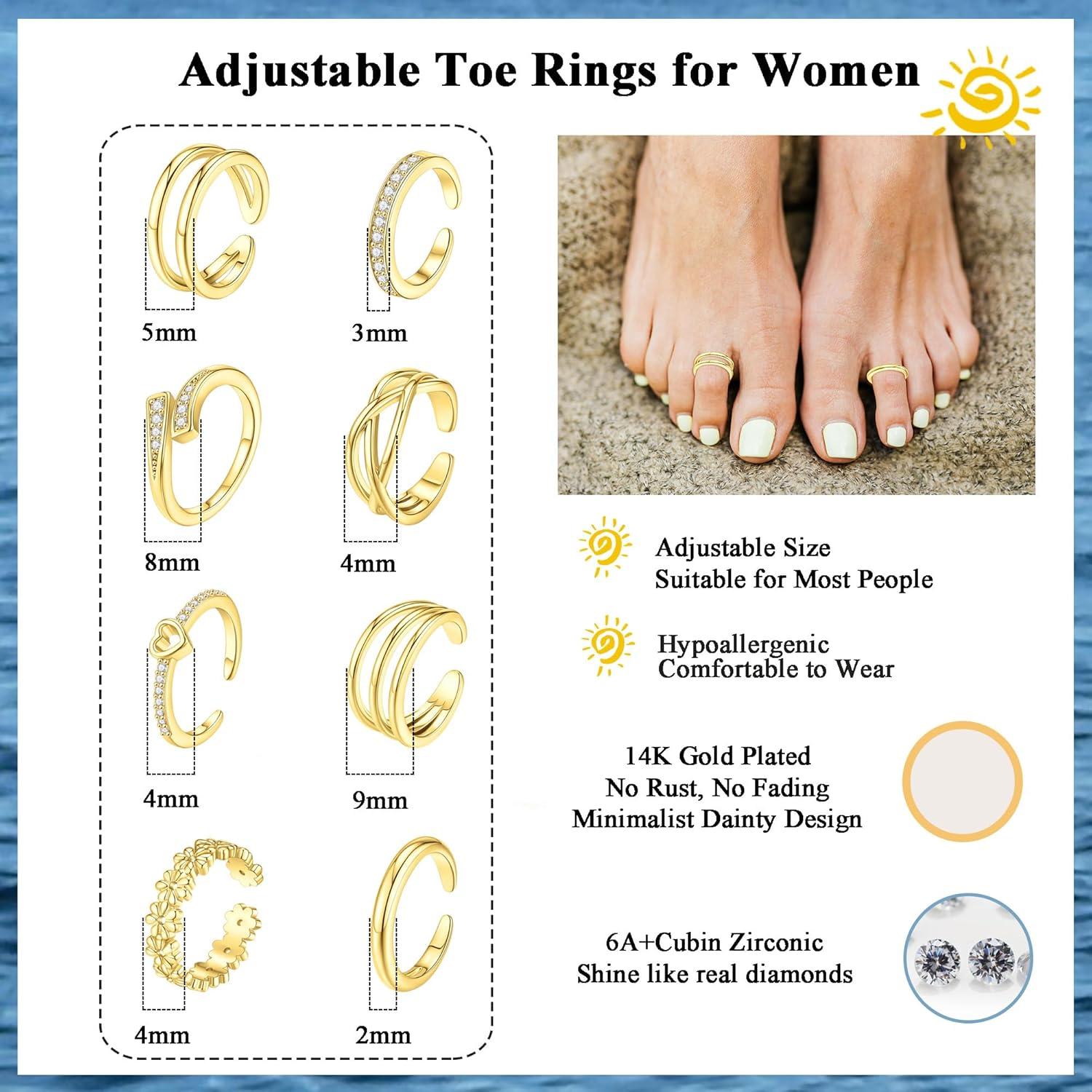 Conjunto 8 Anillos para Dedos de los Pies Oro 14K Ajustables