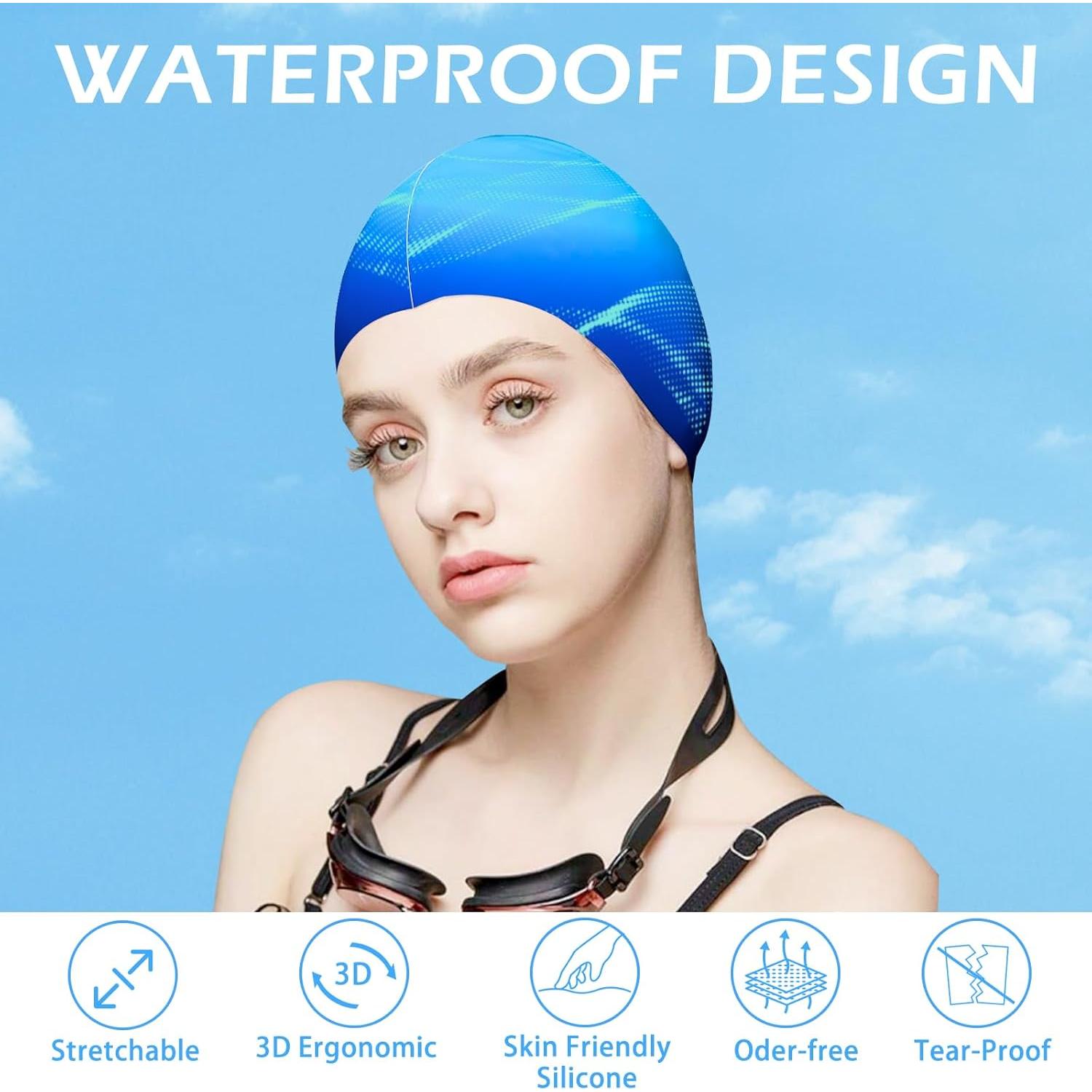 Gorro de natación AuSletie de silicona para mujer - Degradado Azul