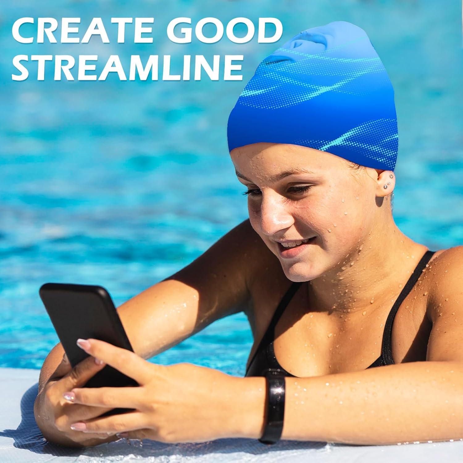 Gorro de natación AuSletie de silicona para mujer - Degradado Azul