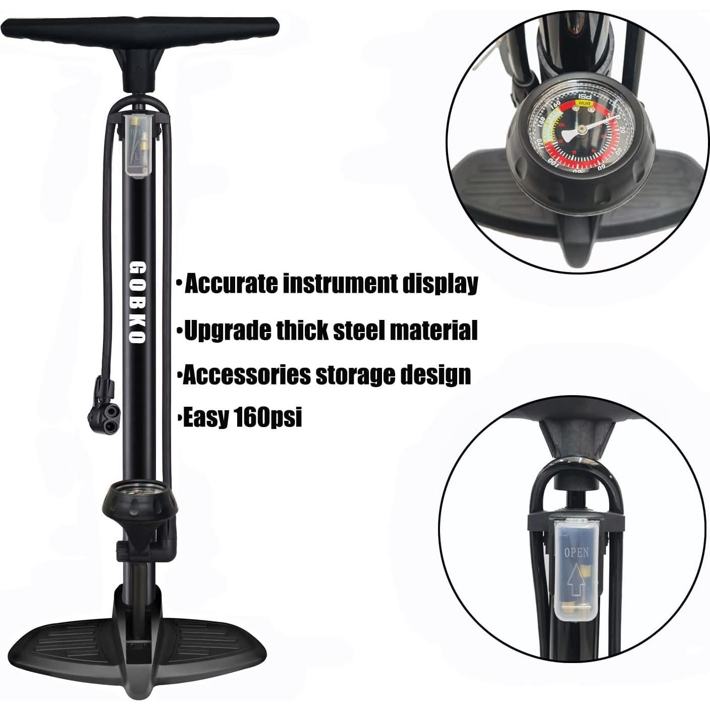 Bomba de Bicicleta GOBKO D2 con Manómetro 160 PSI Negra