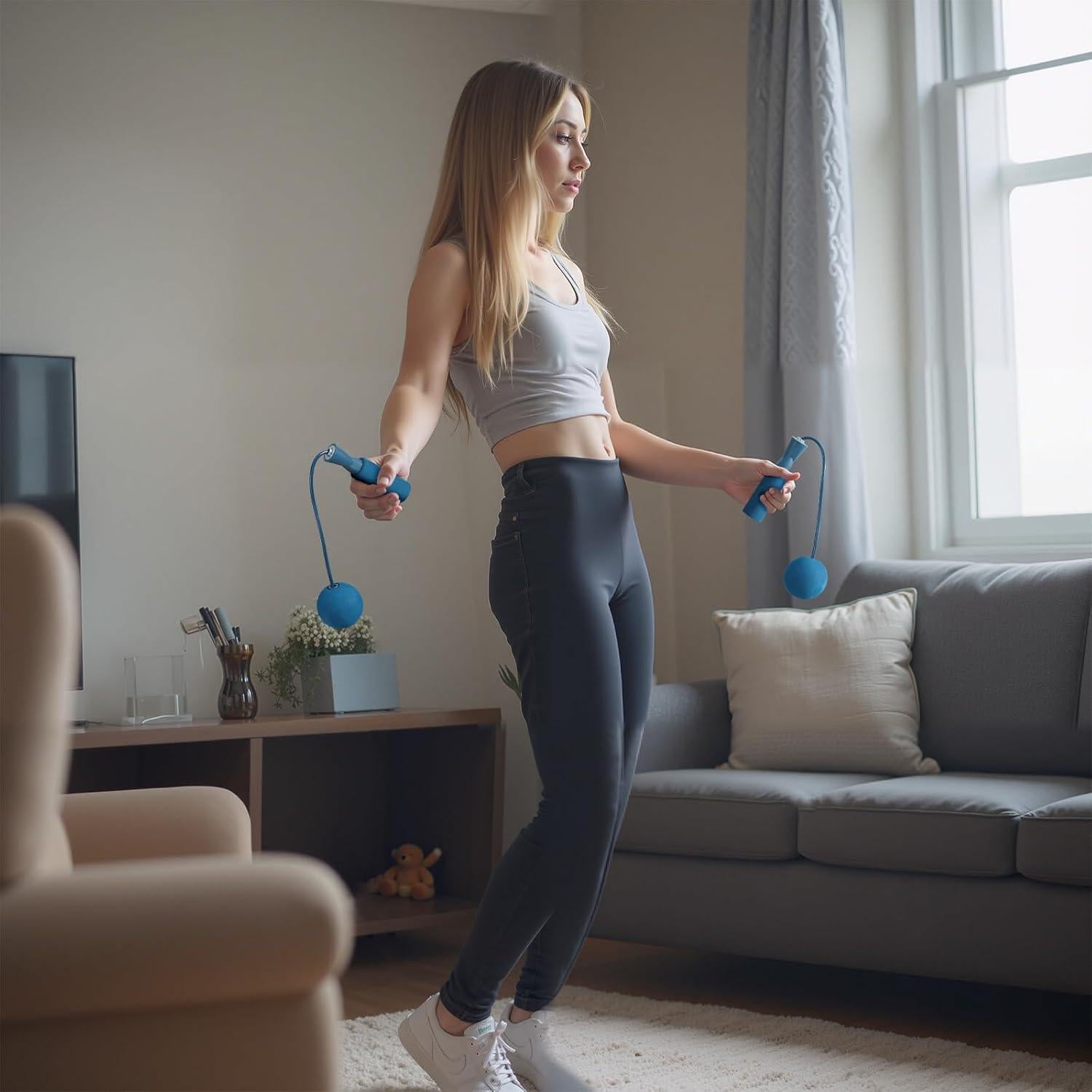 Cuerda de saltar inalámbrica junqixing azul, ajustable, 0.21 kg