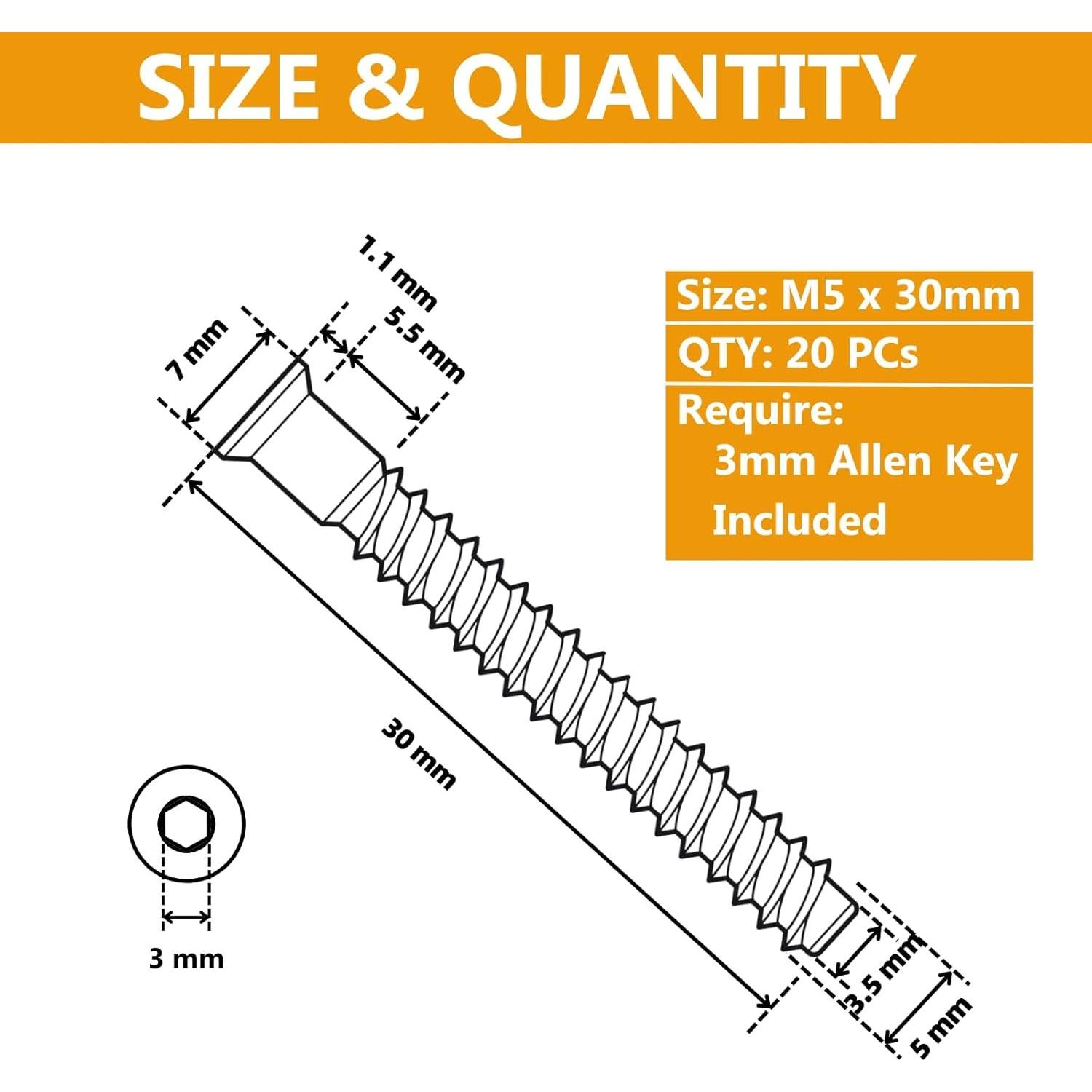 Tornillos Confirmat M5 x 30mm YaaYii Negros 20 Pcs Acero