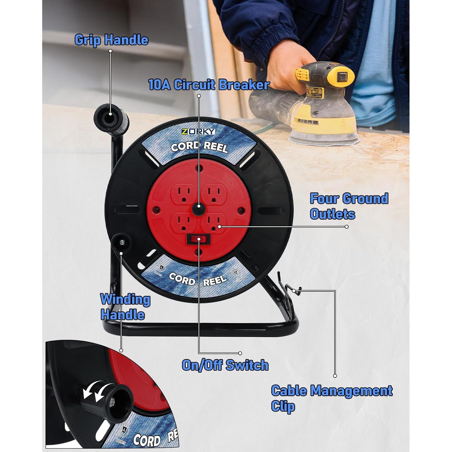Carrete de Almacenamiento de Cables Zorky 30.48m 4 Salidas
