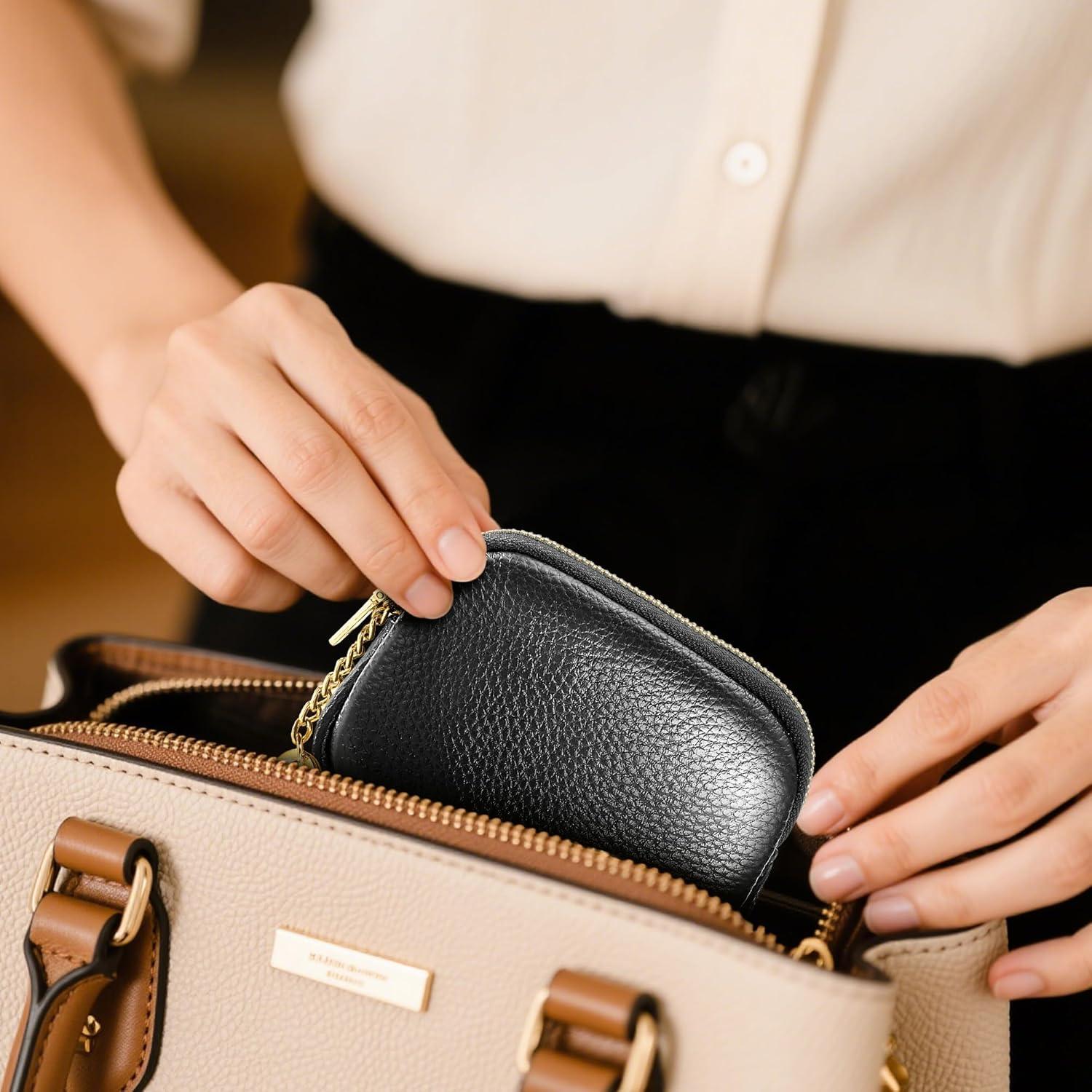 Monedero de Cuero Genuino Negro para Mujeres con Llave