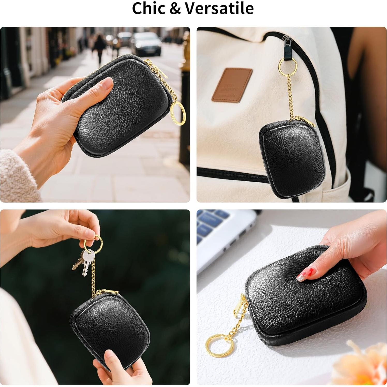 Monedero de Cuero Genuino Negro para Mujeres con Llave