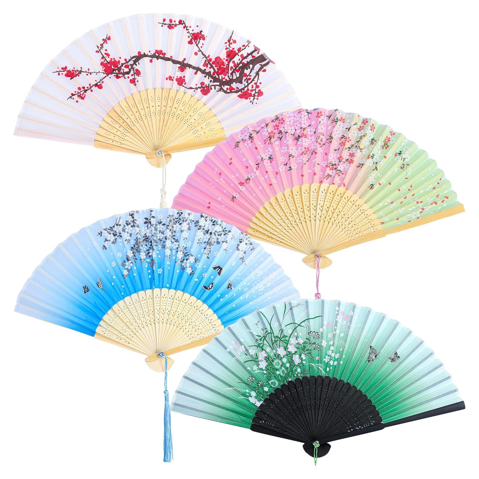 Aneco 4 Abanicos Plegables de Seda para Bodas y Fiestas