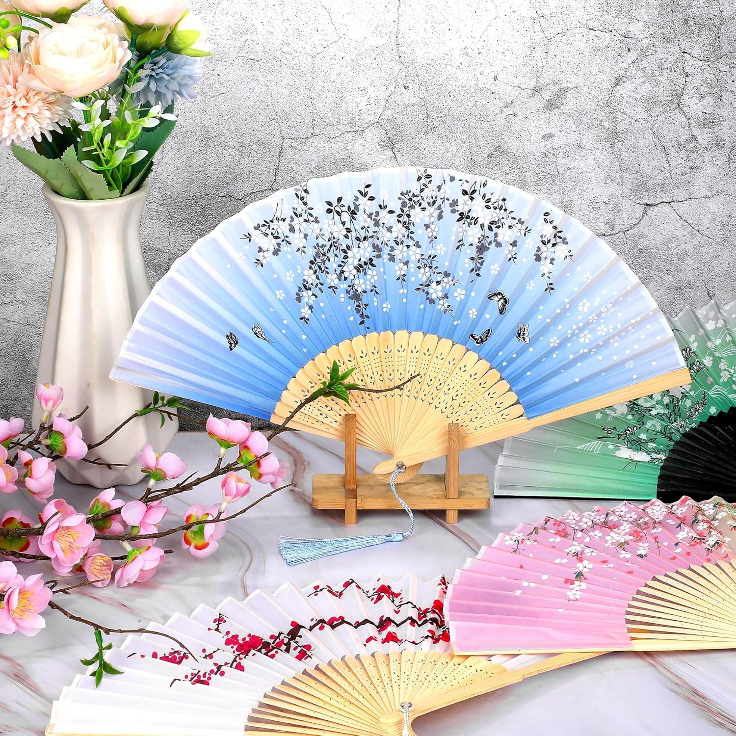 Aneco 4 Abanicos Plegables de Seda para Bodas y Fiestas