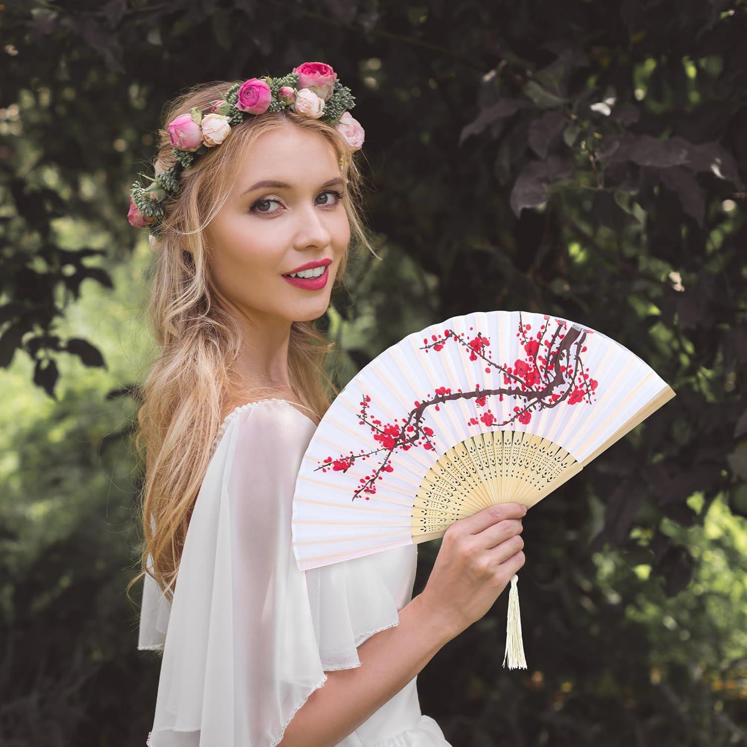 Aneco 4 Abanicos Plegables de Seda para Bodas y Fiestas