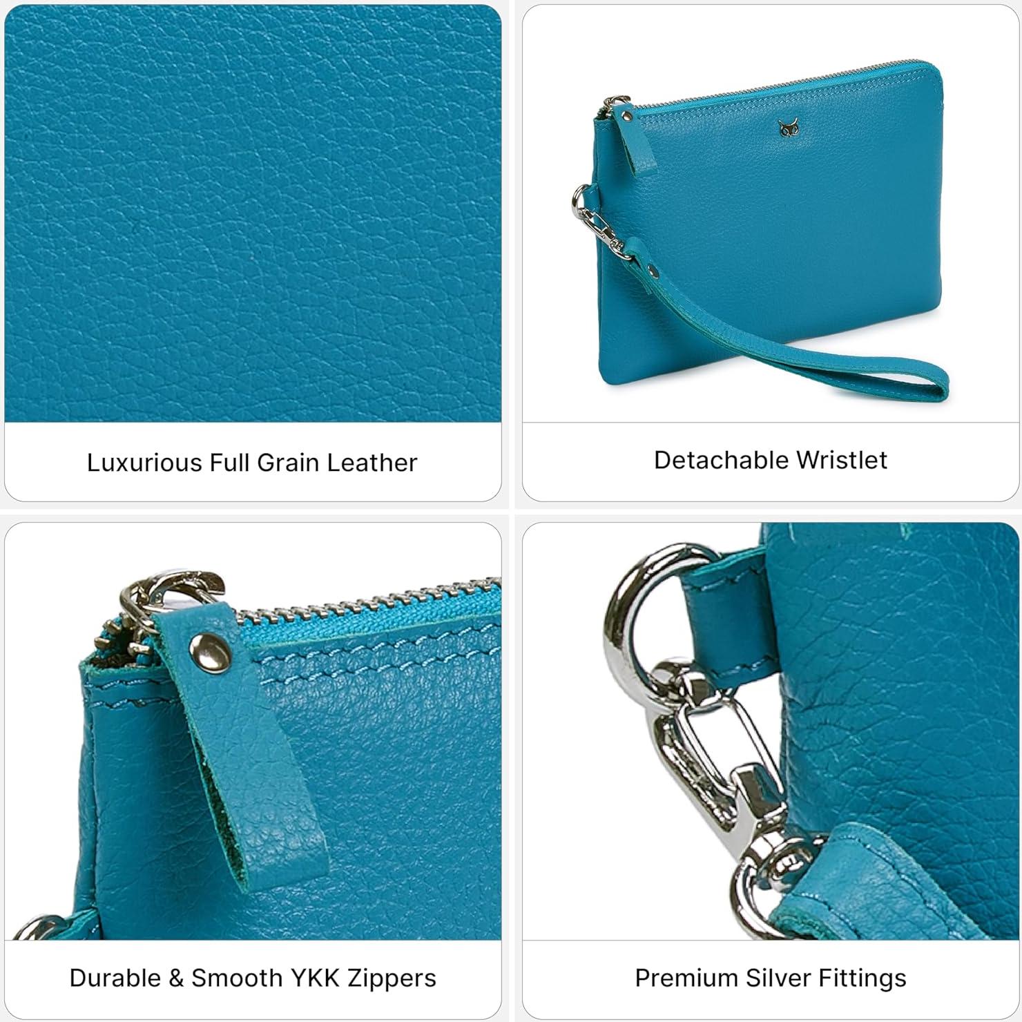 Cartera de muñeca de cuero real Wise Owl Nappa azul aire