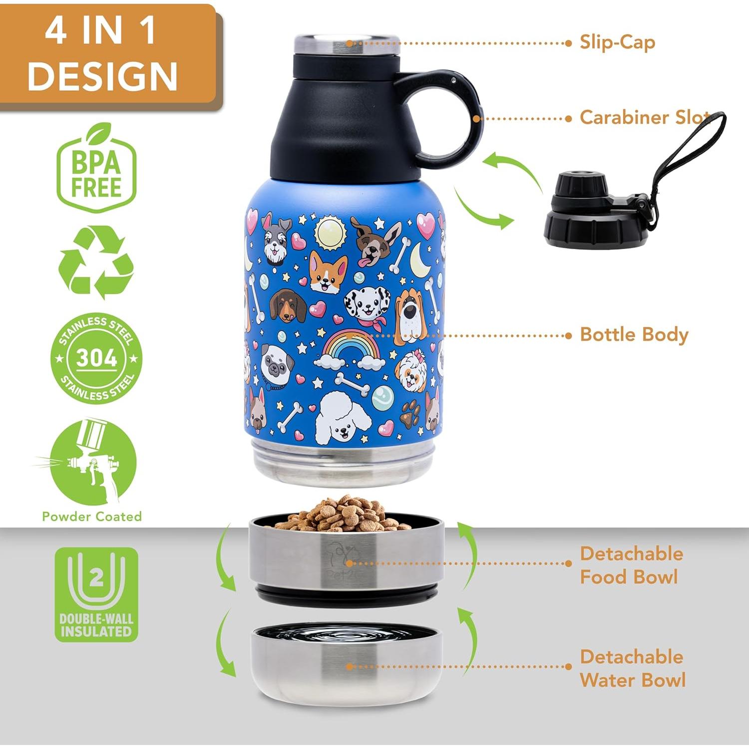 Botella de Agua para Perros Pet2Go 32oz con Cuencos Desmontables