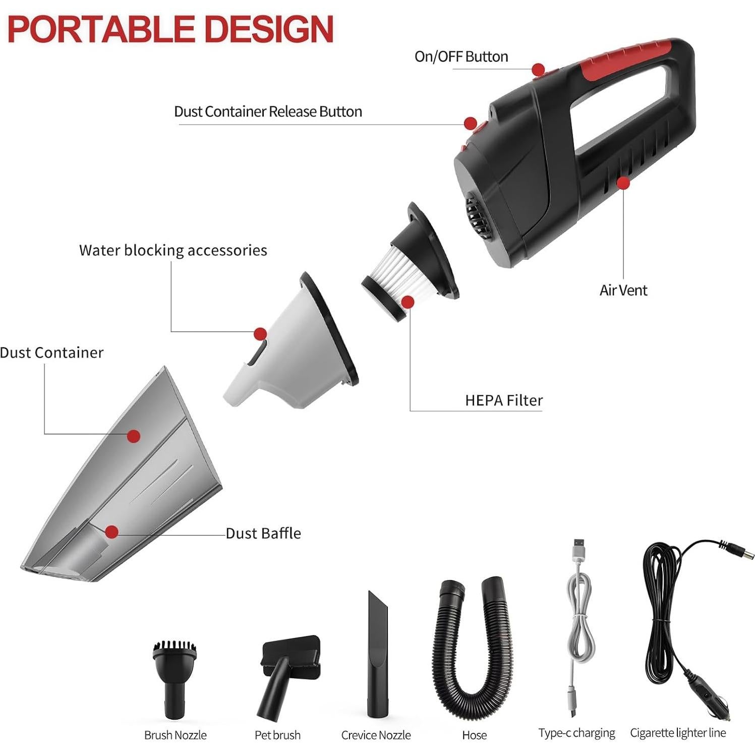 Aspiradora de Mano Tradetop X08 Inalámbrica 6.5KPA HEPA Negra