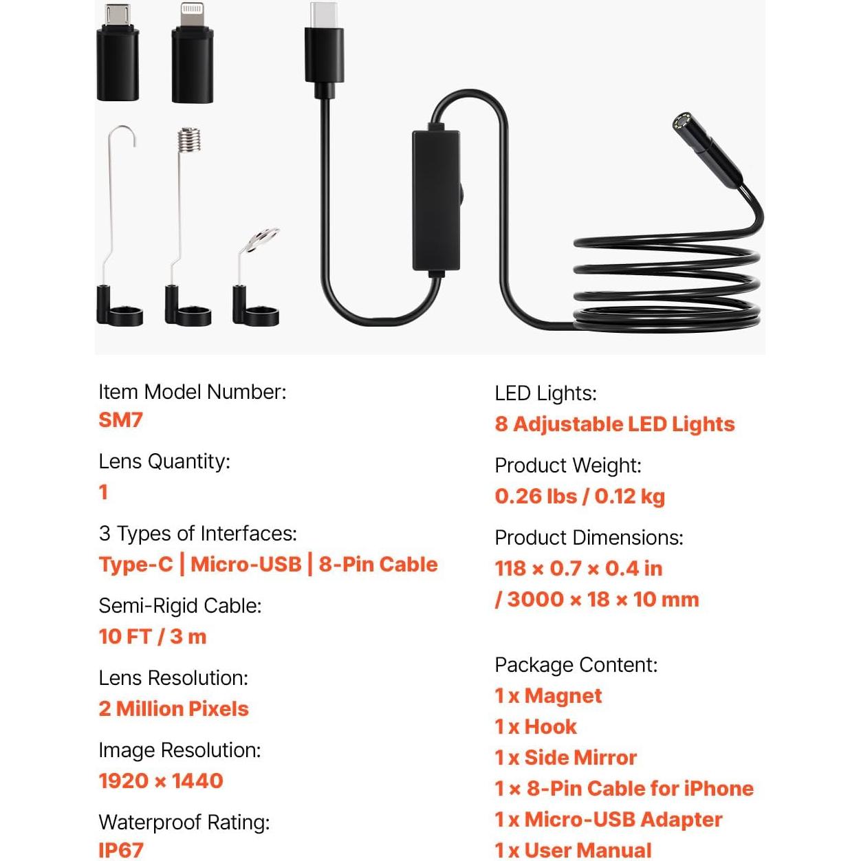 Cámara Endoscópica VEVOR 3M HD 1920P con Luz LED IP67