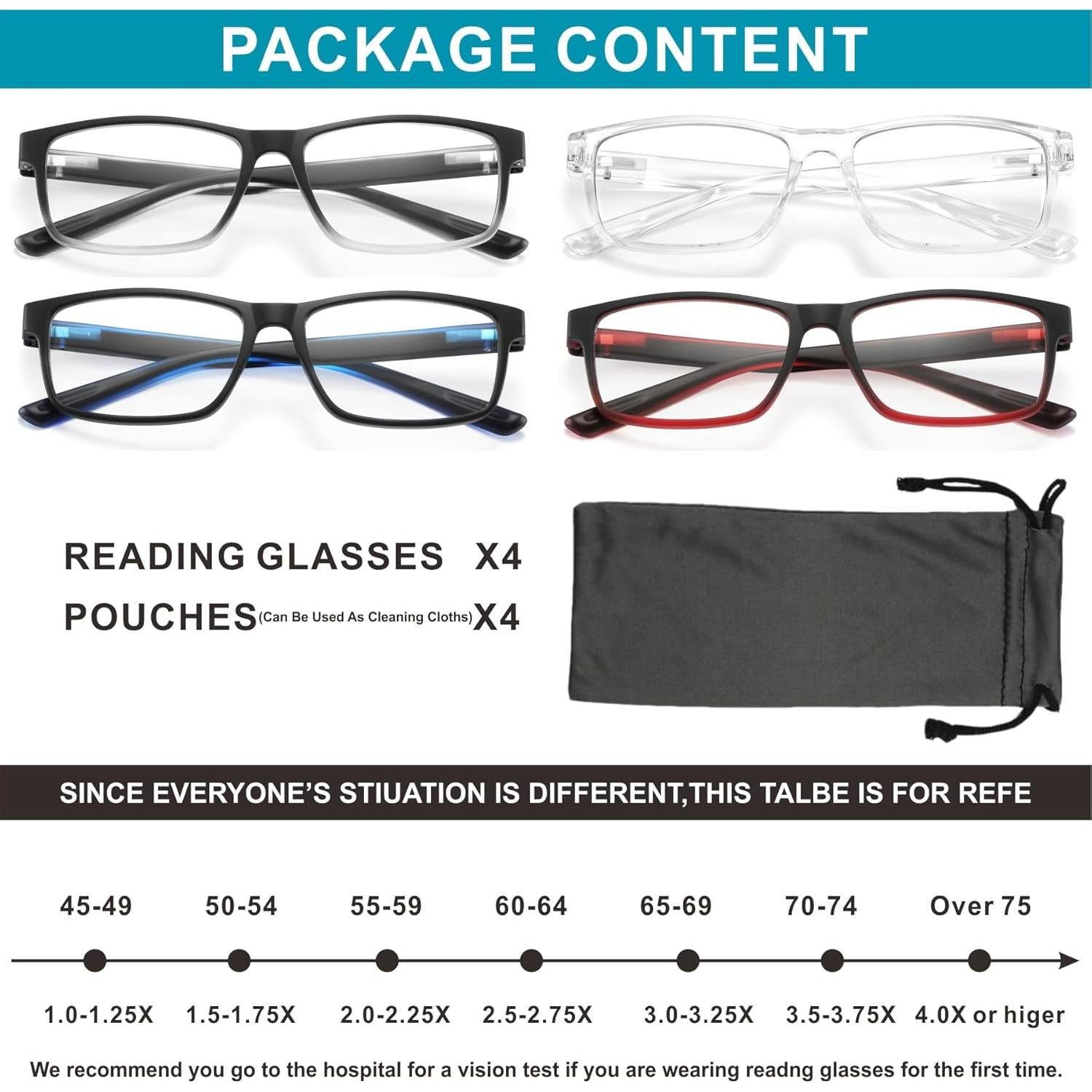 Paquete de 4 Gafas de Lectura Acavefox 1.0 Bloqueo Luz Azul