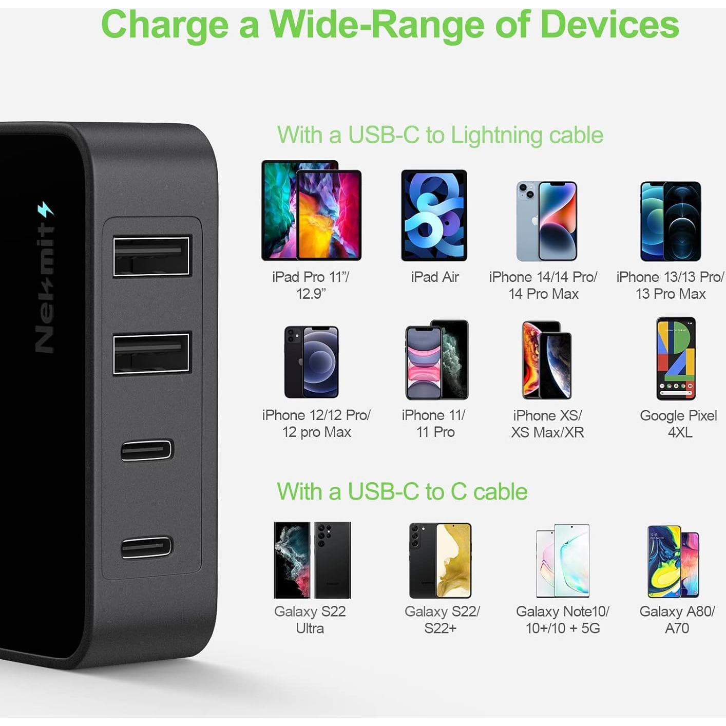 Cargador USB C Nekmit 52W con 4 Puertos Rápidos