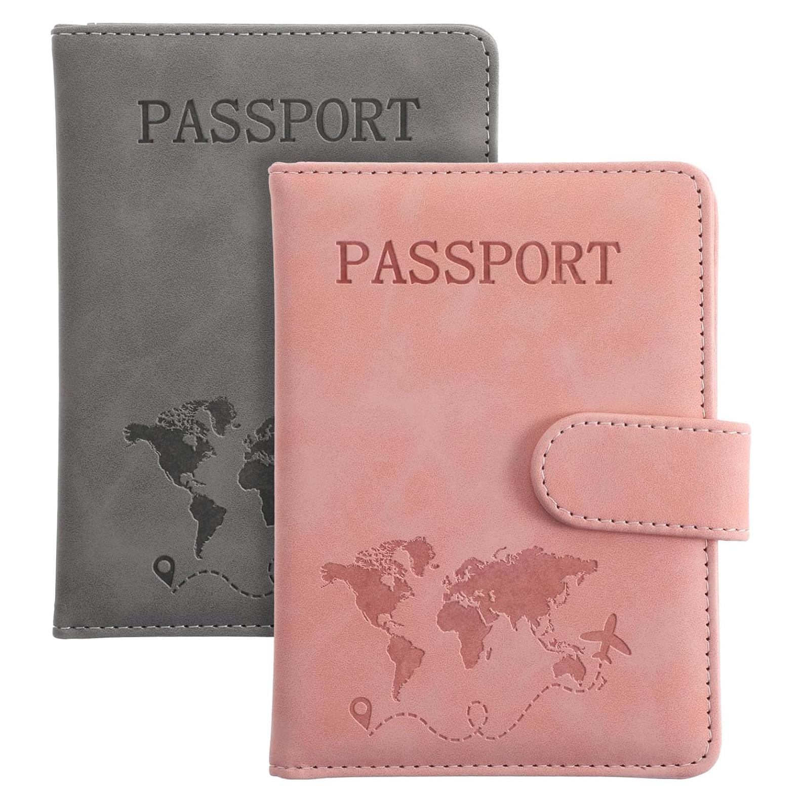 2 Fundas de Pasaporte Multifuncionales AOZUO con RFID Rosa y Gris