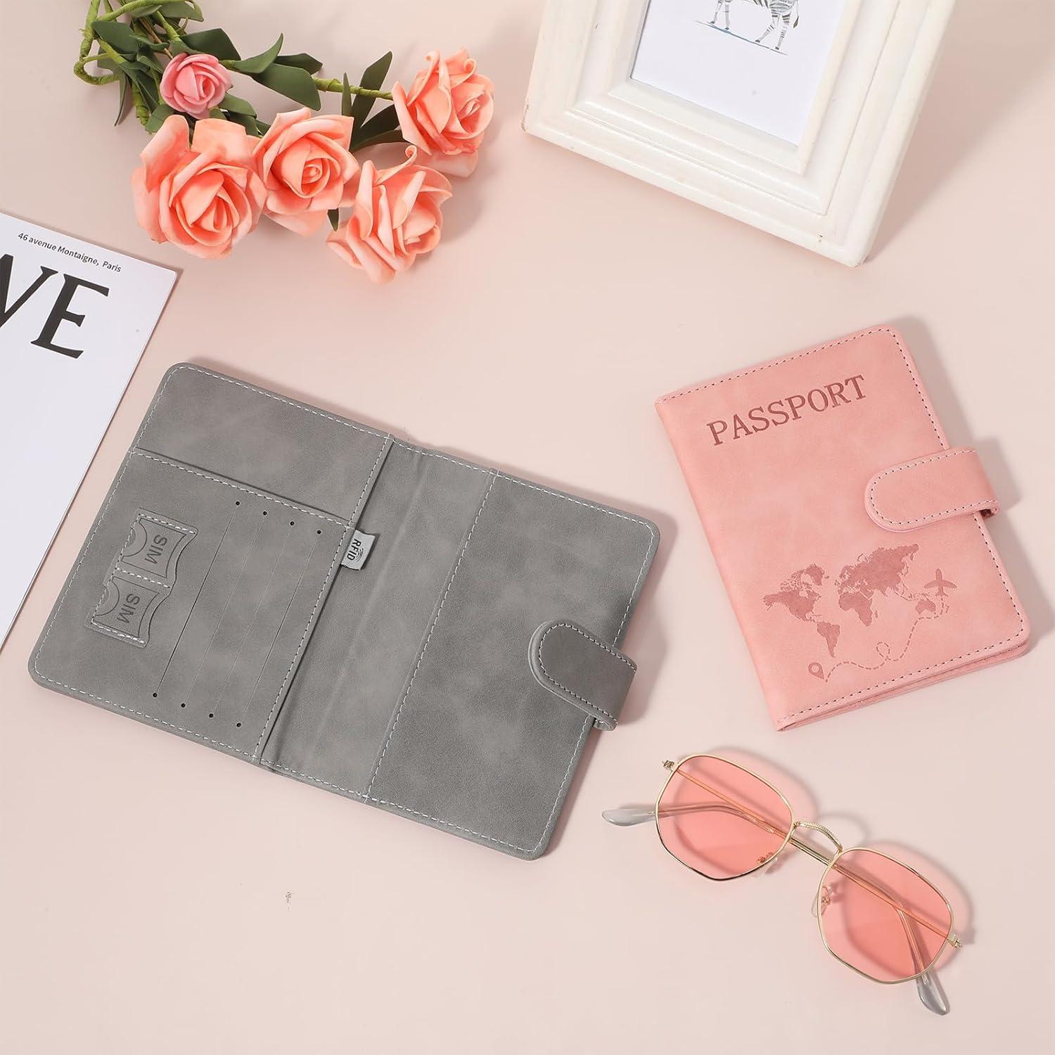 2 Fundas de Pasaporte Multifuncionales AOZUO con RFID Rosa y Gris