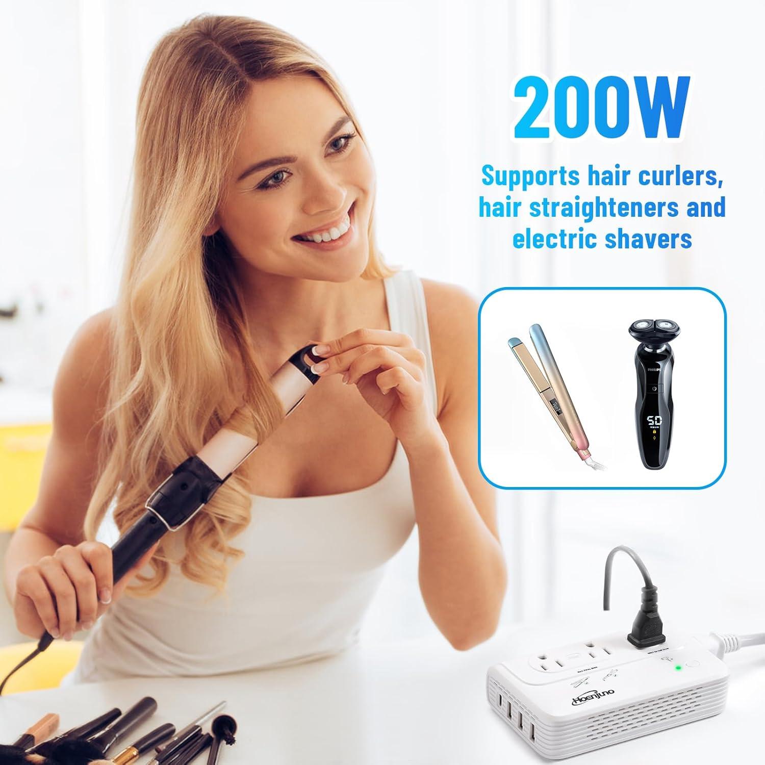 Convertidor de Voltaje 2000W Hoenjuno 220V a 110V con 3 Salidas AC y 4 USB