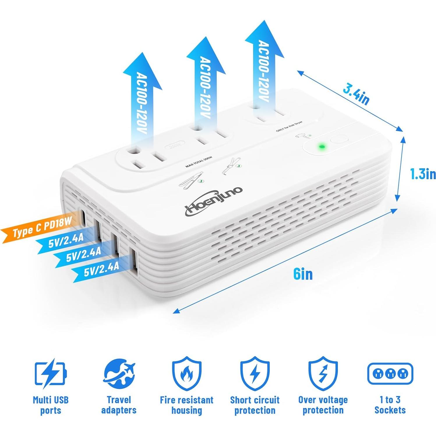 Convertidor de Voltaje 2000W Hoenjuno 220V a 110V con 3 Salidas AC y 4 USB