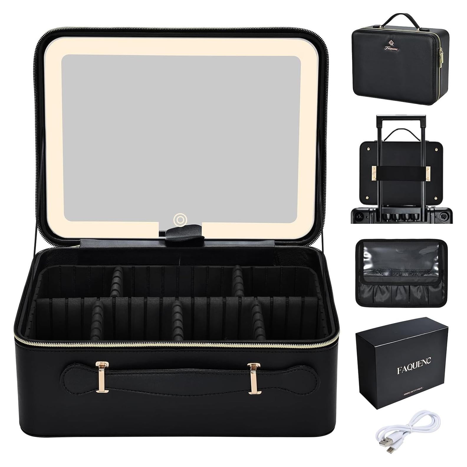 11.4 Inch Extra Large Makeup Bag with LED Lighted Mirror Leather Cosmetic Train Case Light up Mirror Portable Makeup Artist Storage Bag with Dividers Makeup Brush Holder Vanity Black