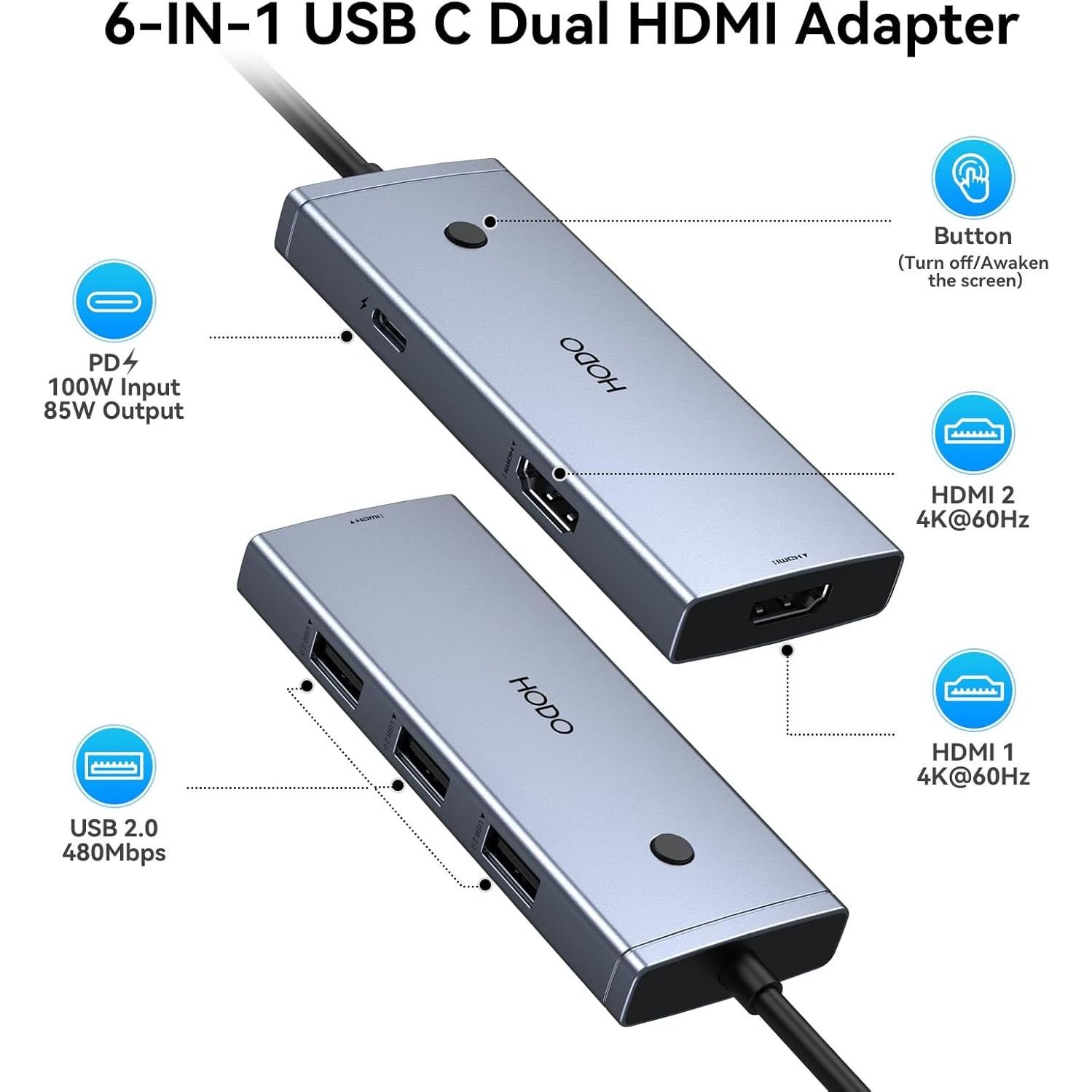 Adaptador USB C a HDMI Dual 4K 60Hz HODO 6 en 1 con 3 USB